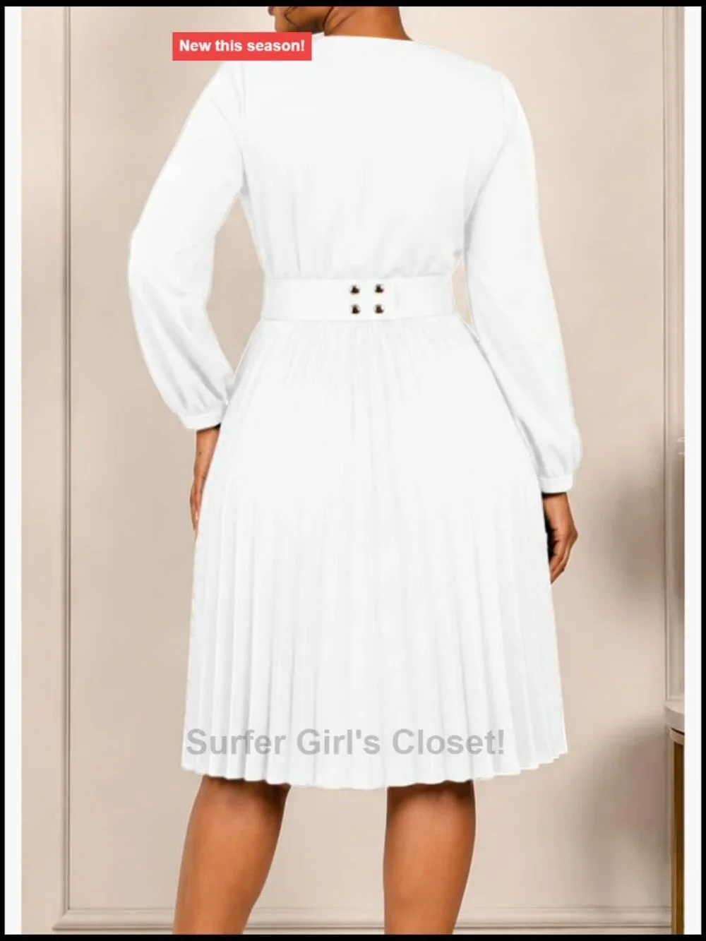 Elegant Pleated Midi Dress with Belt V-Neck 3/4 Sleeve High Waist A-Line Work